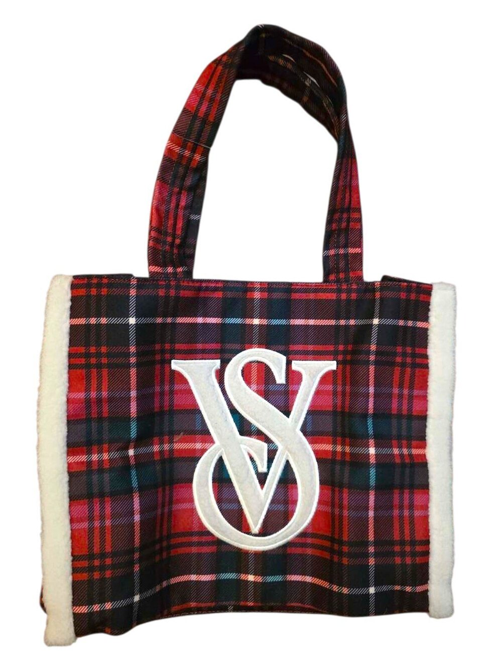 Victoria's Secret Plaid Tote Bag with Faux Fur Trim and Snap Closure